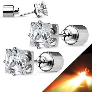 Pair of LED Blinking Clear Square CZ 316L Surgical Steel Stud Earrings. Battery